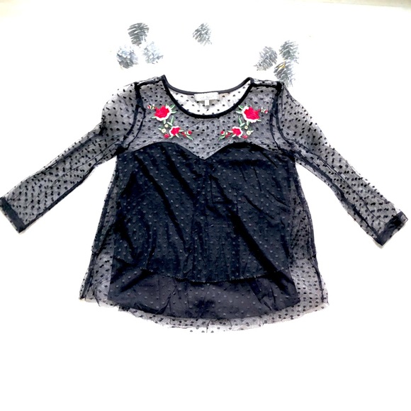 Almost Famous Tops - Crave Fame by Almost Famous Polka Dot Mesh Embroidered Floral 3/4 Sleeve Top, S